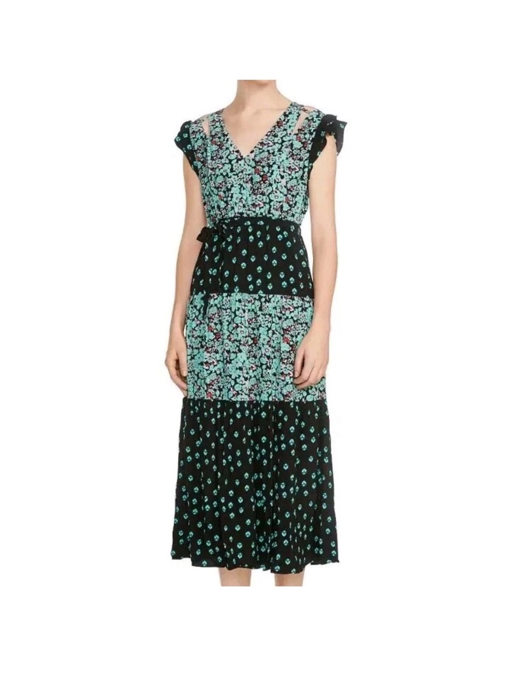 Maje Black & Mint Floral Tiered Midi Dress